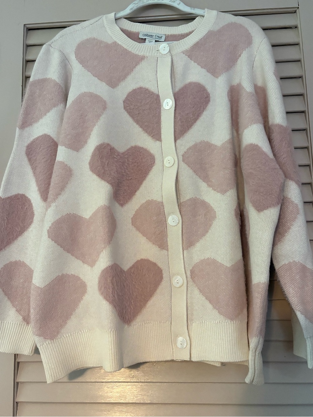 Coldwater Creek Cream Cardigan with Blush Pink Hearts